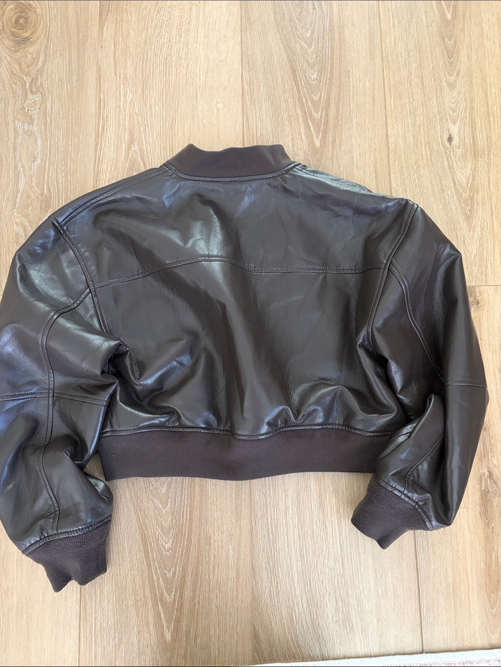 Aritzia Dark Brown Vegan Leather Cropped Bomber Jacket - Picture 5 of 7